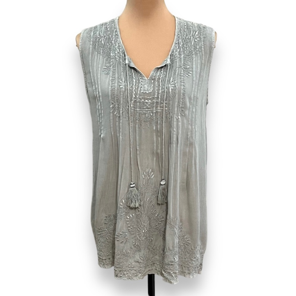 Luna Moon Boho Sleeveless Tank Tunic Top Gray S/Small Embroidery Accents Rayon
